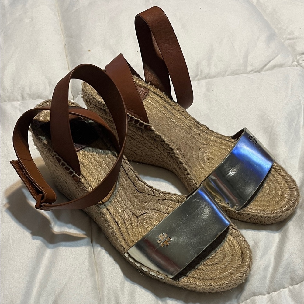 Tory Burch Brown Leather & Silver Espadrille Wedge Sandals